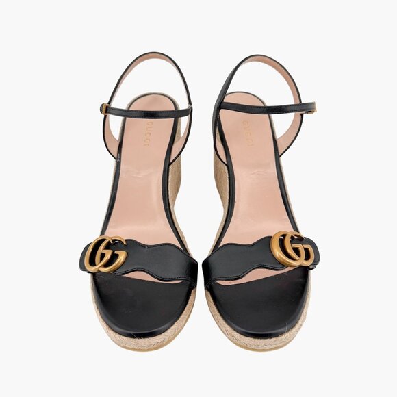 Gucci Aitana GG Marmont Black Leather Espadrille Wedge Sandals Size 41 US 11 - Picture 2 of 14